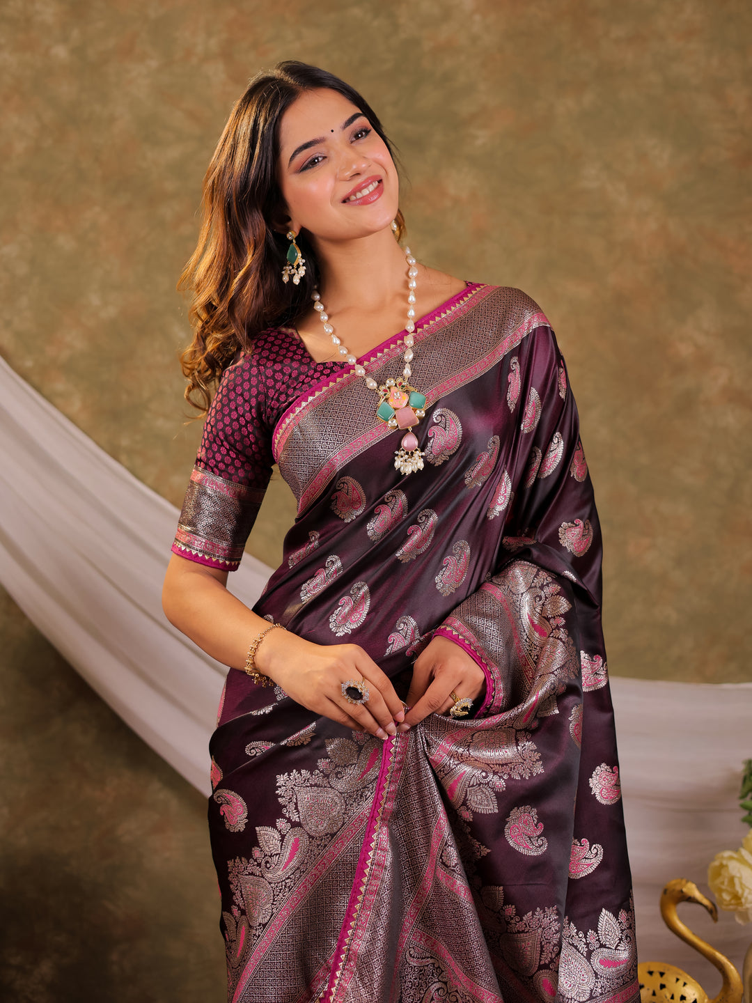 Wine Purple Kanjivaram Banarasi Satin Silk Saree with Intricate Silver Zari Weaving, Royal Heritage Pallu & Tassel Detailing