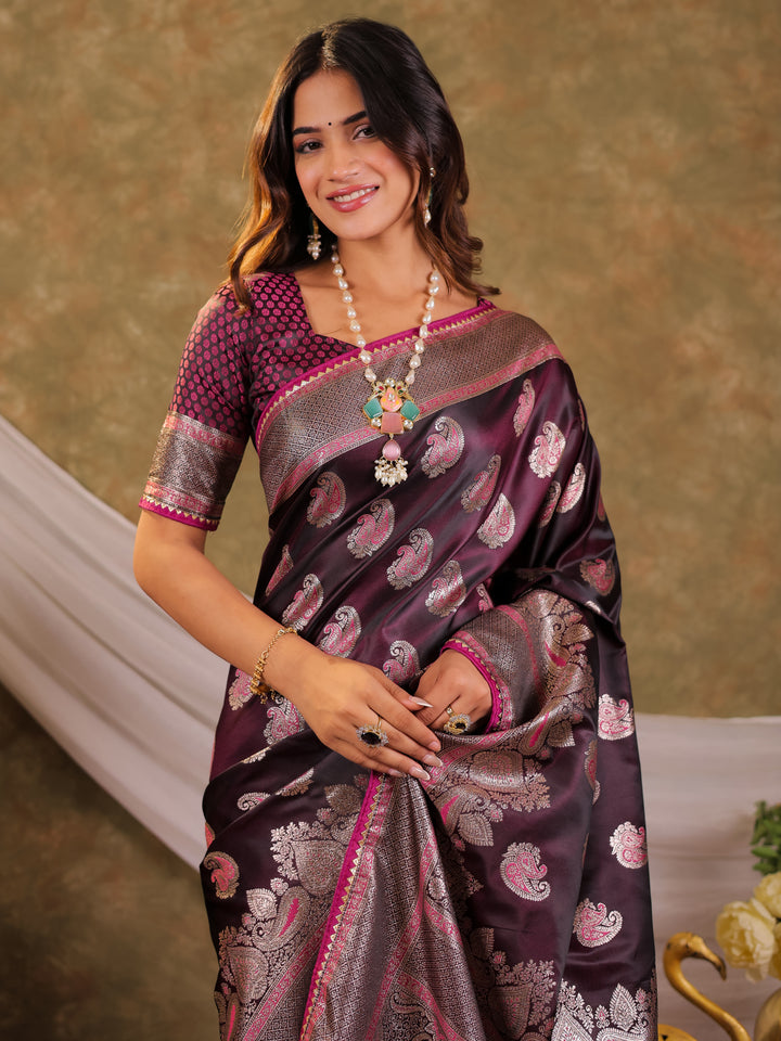 Wine Purple Kanjivaram Banarasi Satin Silk Saree with Intricate Silver Zari Weaving, Royal Heritage Pallu & Tassel Detailing
