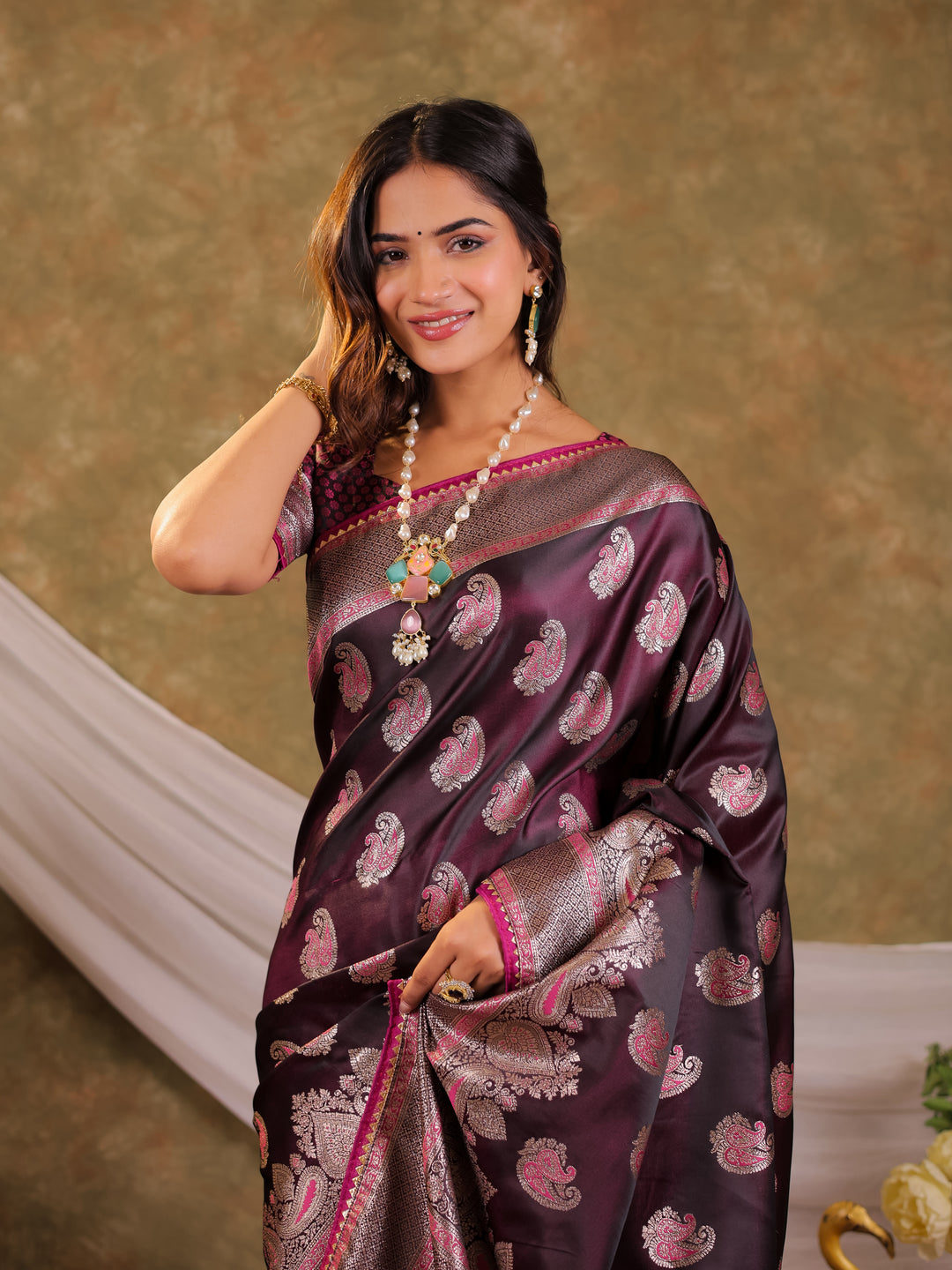 Wine Purple Kanjivaram Banarasi Satin Silk Saree with Intricate Silver Zari Weaving, Royal Heritage Pallu & Tassel Detailing