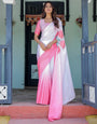 Blush Pink & White Ombre Designer Freehand Saree with Lotus Motifs | Soft Satin Georgette | Handsfree Pallu Feature