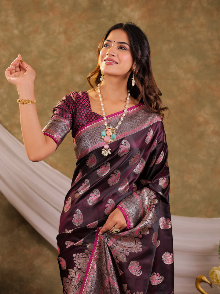 Wine Purple Kanjivaram Banarasi Satin Silk Saree with Intricate Silver Zari Weaving, Royal Heritage Pallu & Tassel Detailing
