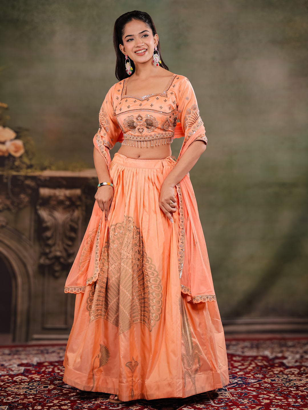 Peach Orange Embroidered Lehenga Set with Designer Blouse & Matching Dupatta