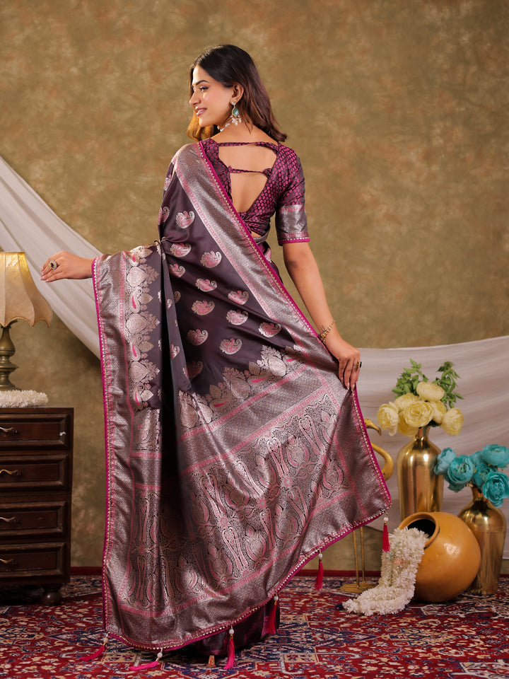 Wine Purple Kanjivaram Banarasi Satin Silk Saree with Intricate Silver Zari Weaving, Royal Heritage Pallu & Tassel Detailing