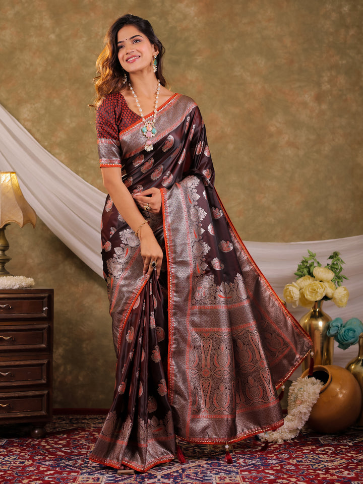Coffee Brown Kanjivaram Banarasi Satin Silk Saree with Silver Zari Weaving, Designer Heritage Pallu & Tassel Detailing