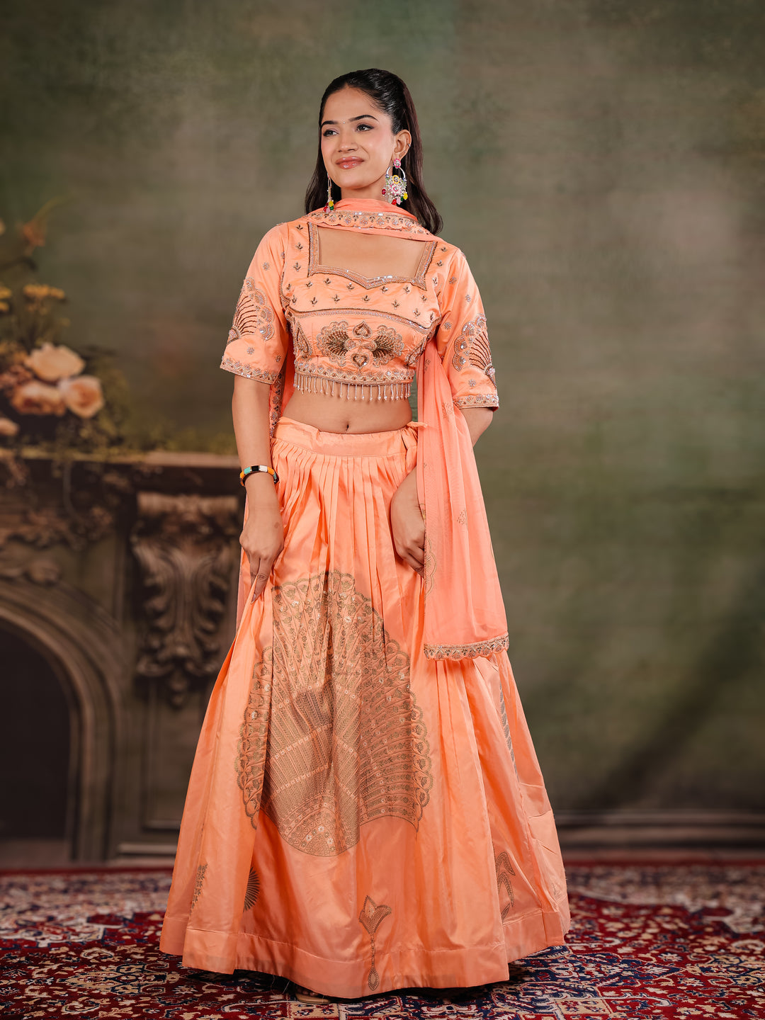 Peach Orange Embroidered Lehenga Set with Designer Blouse & Matching Dupatta