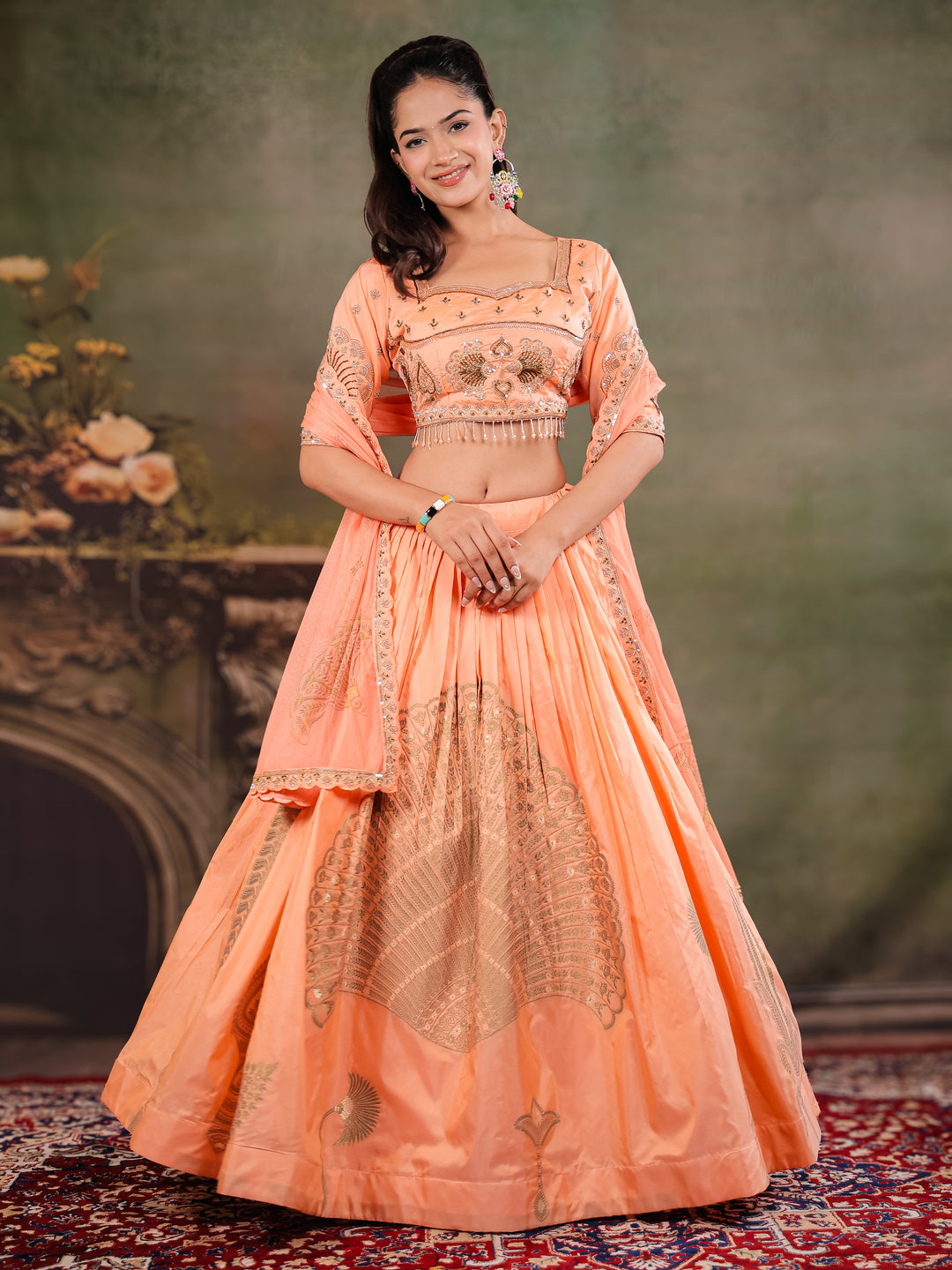 Peach Orange Embroidered Lehenga Set with Designer Blouse & Matching Dupatta