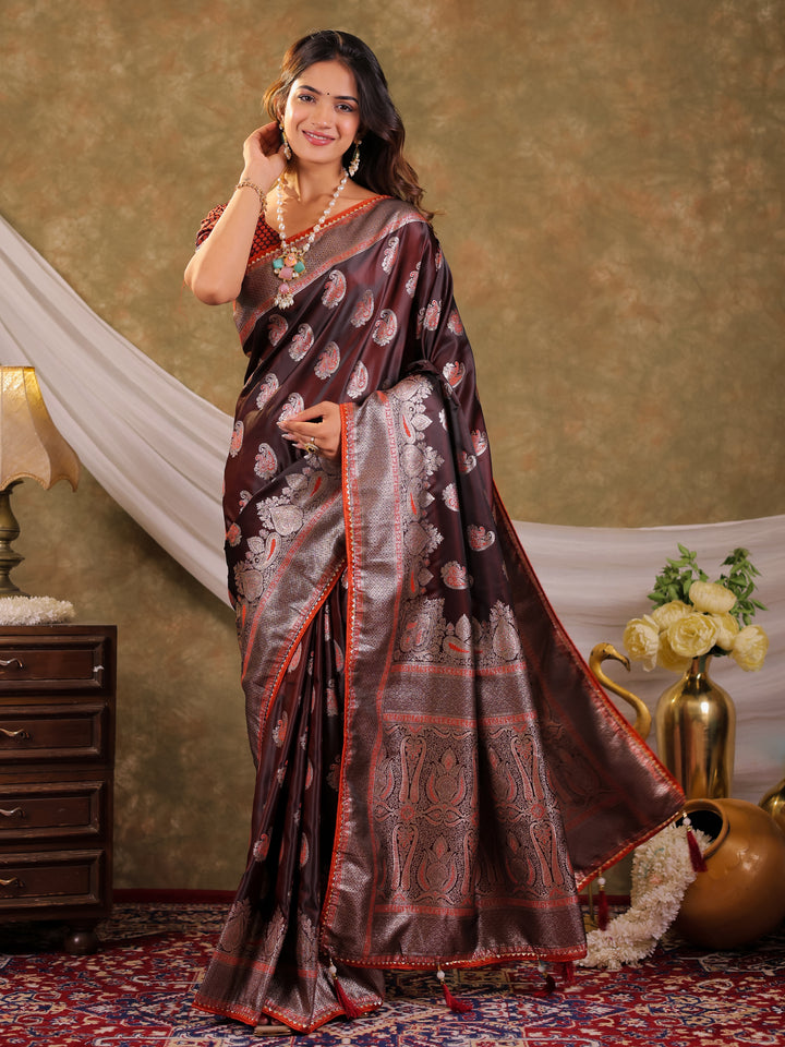 Coffee Brown Kanjivaram Banarasi Satin Silk Saree with Silver Zari Weaving, Designer Heritage Pallu & Tassel Detailing