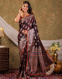Coffee Brown Kanjivaram Banarasi Satin Silk Saree with Silver Zari Weaving, Designer Heritage Pallu & Tassel Detailing