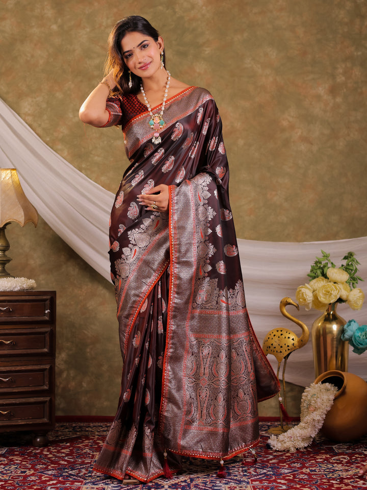 Coffee Brown Kanjivaram Banarasi Satin Silk Saree with Silver Zari Weaving, Designer Heritage Pallu & Tassel Detailing