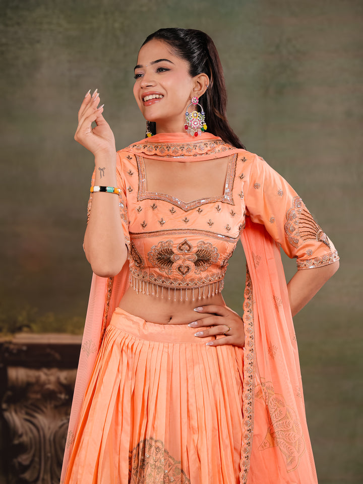 Peach Orange Embroidered Lehenga Set with Designer Blouse & Matching Dupatta