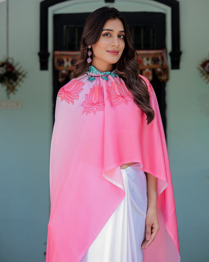 Blush Pink & White Ombre Designer Freehand Saree with Lotus Motifs | Soft Satin Georgette | Handsfree Pallu Feature