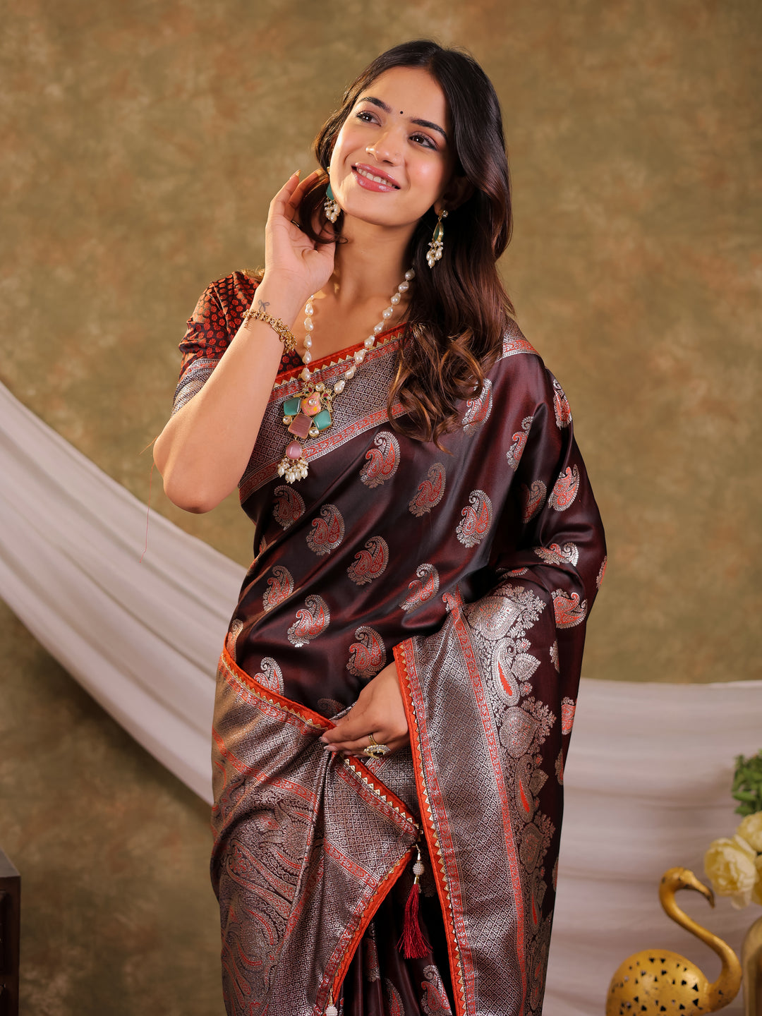 Coffee Brown Kanjivaram Banarasi Satin Silk Saree with Silver Zari Weaving, Designer Heritage Pallu & Tassel Detailing