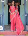 Coral Pink Satin Georgette Saree with Floral Mandala Print & Checked Striped Blouse | Designer Handsfree Pallu Loop