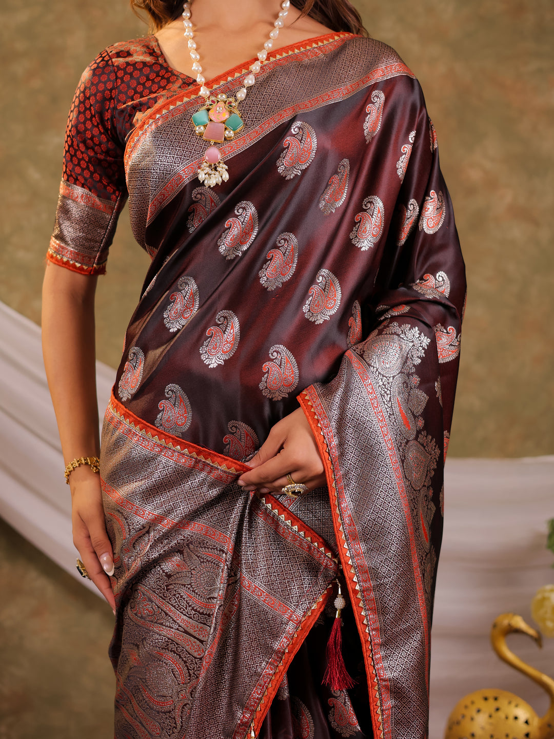 Coffee Brown Kanjivaram Banarasi Satin Silk Saree with Silver Zari Weaving, Designer Heritage Pallu & Tassel Detailing