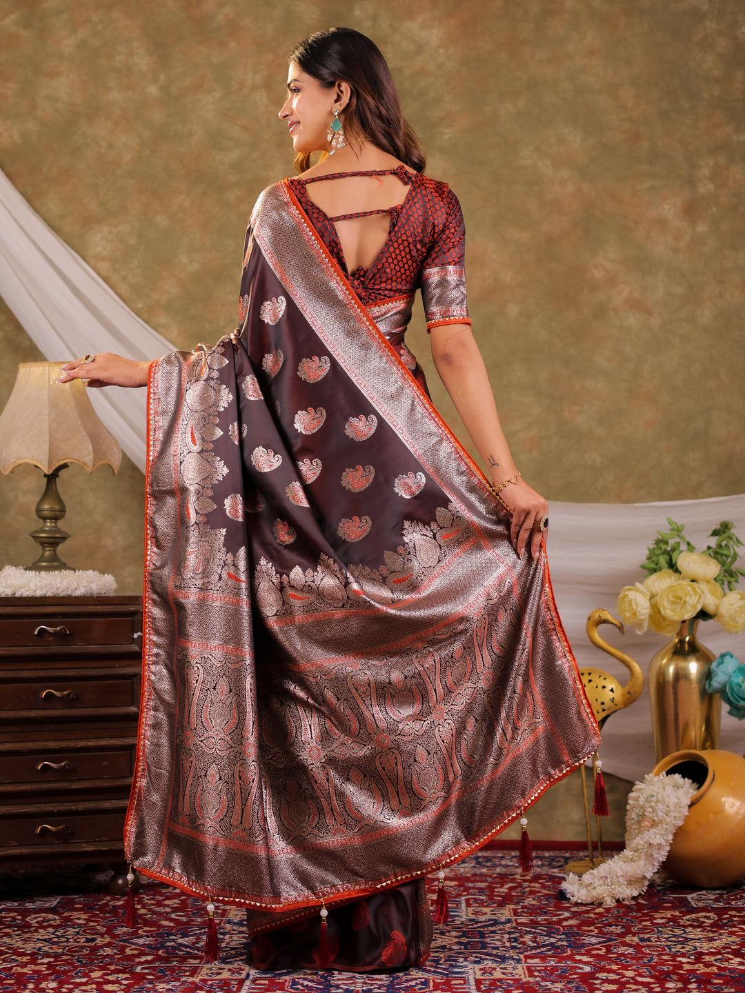 Coffee Brown Kanjivaram Banarasi Satin Silk Saree with Silver Zari Weaving, Designer Heritage Pallu & Tassel Detailing