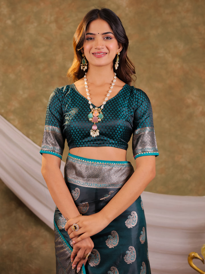 Dark Teal Green Kanjivaram Banarasi Satin Silk Saree with Intricate Silver Zari Weaving, Royal Heritage Pallu & Tassel Detailing