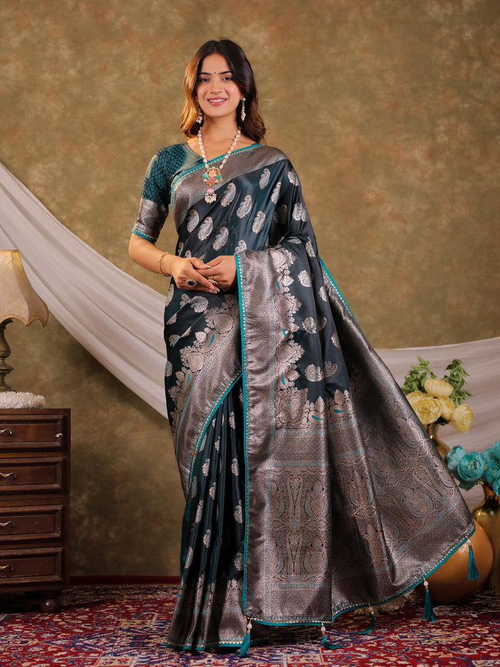 Dark Teal Green Kanjivaram Banarasi Satin Silk Saree with Intricate Silver Zari Weaving, Royal Heritage Pallu & Tassel Detailing