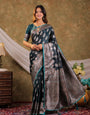 Dark Teal Green Kanjivaram Banarasi Satin Silk Saree with Intricate Silver Zari Weaving, Royal Heritage Pallu & Tassel Detailing