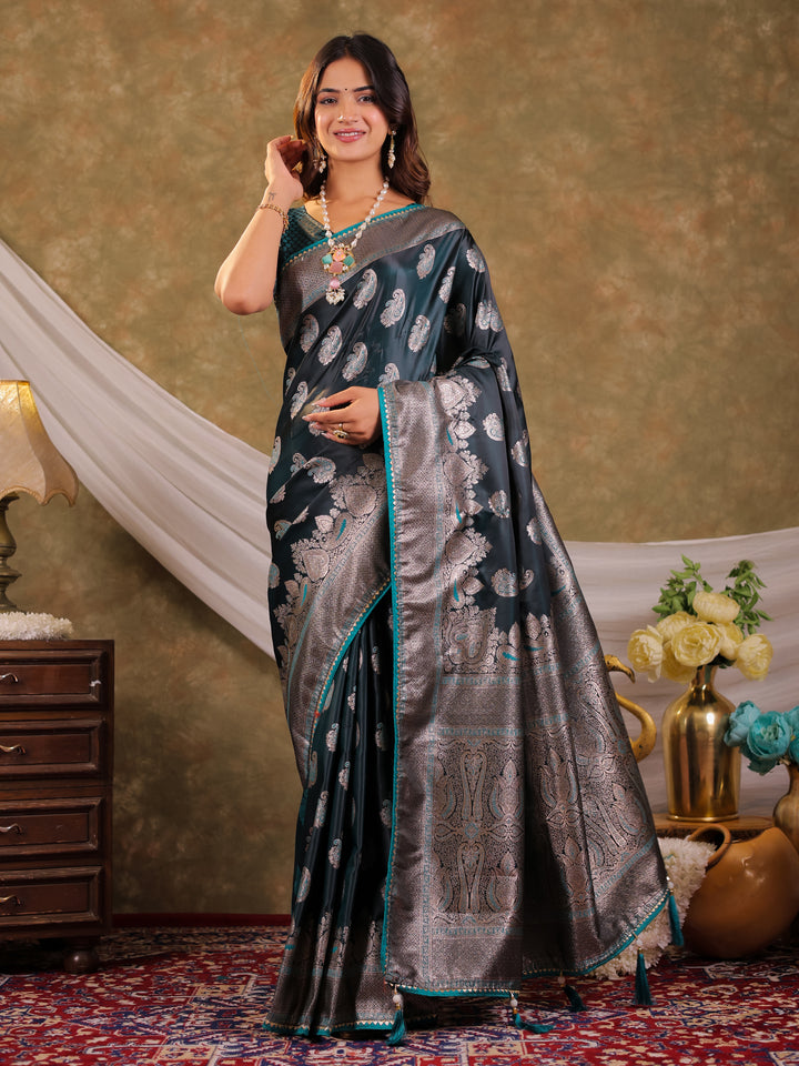 Dark Teal Green Kanjivaram Banarasi Satin Silk Saree with Intricate Silver Zari Weaving, Royal Heritage Pallu & Tassel Detailing