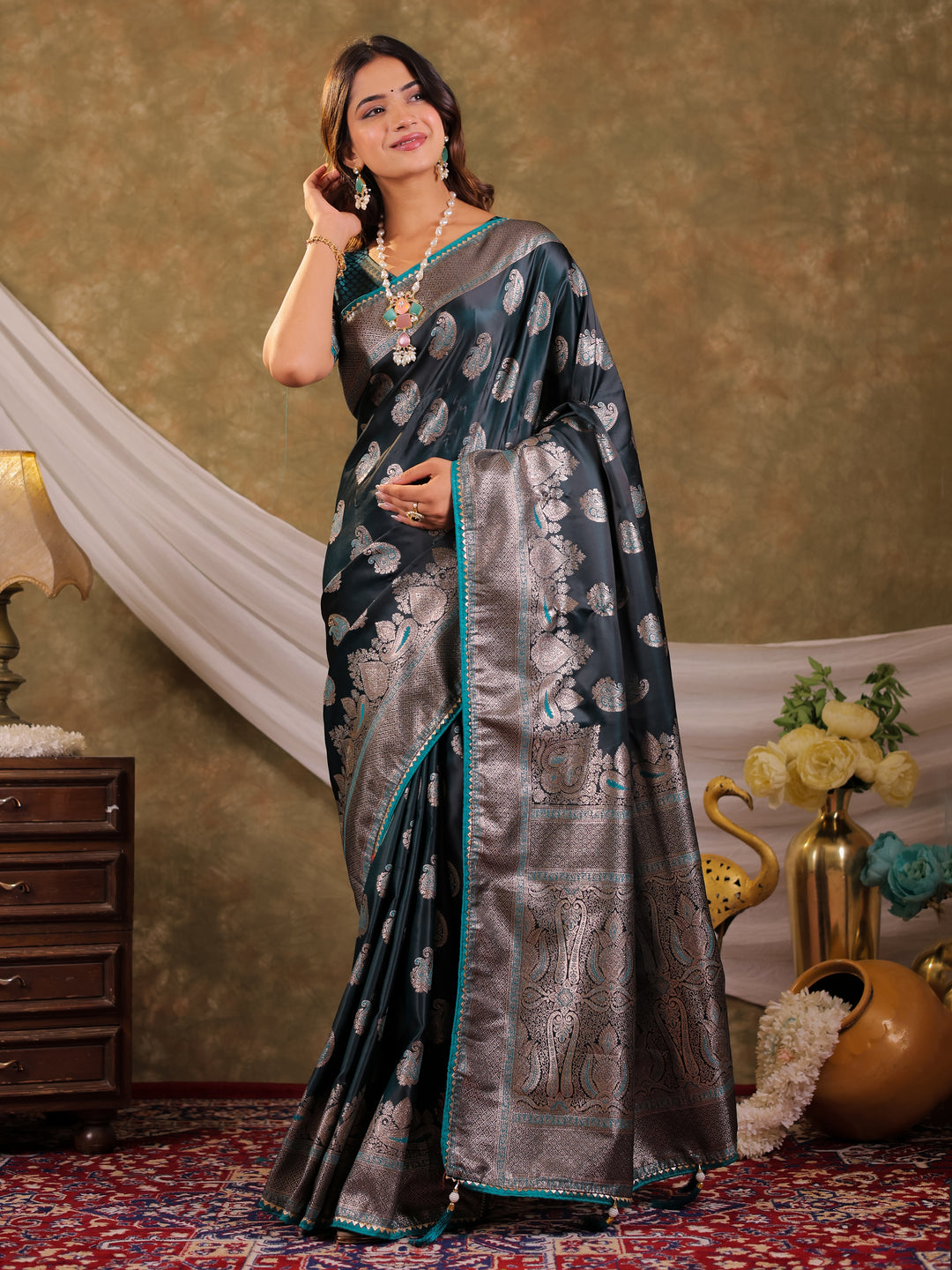 Dark Teal Green Kanjivaram Banarasi Satin Silk Saree with Intricate Silver Zari Weaving, Royal Heritage Pallu & Tassel Detailing