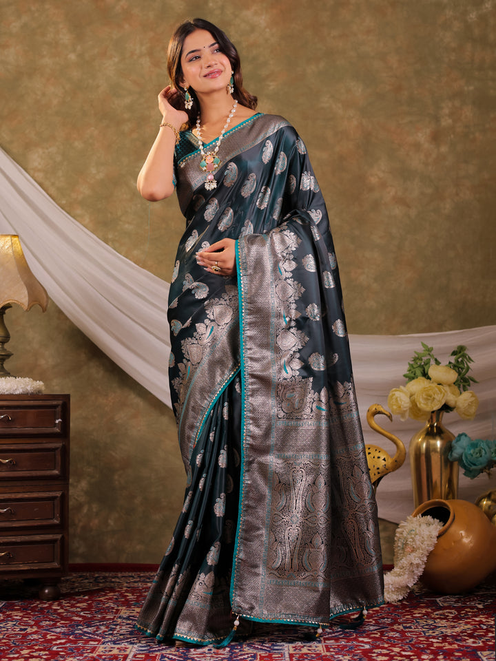 Dark Teal Green Kanjivaram Banarasi Satin Silk Saree with Intricate Silver Zari Weaving, Royal Heritage Pallu & Tassel Detailing