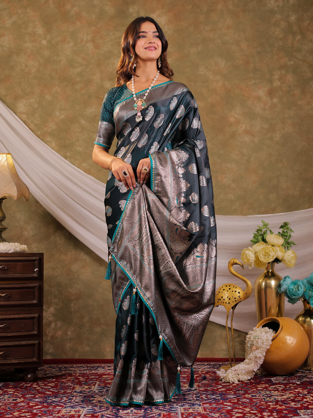 Dark Teal Green Kanjivaram Banarasi Satin Silk Saree with Intricate Silver Zari Weaving, Royal Heritage Pallu & Tassel Detailing