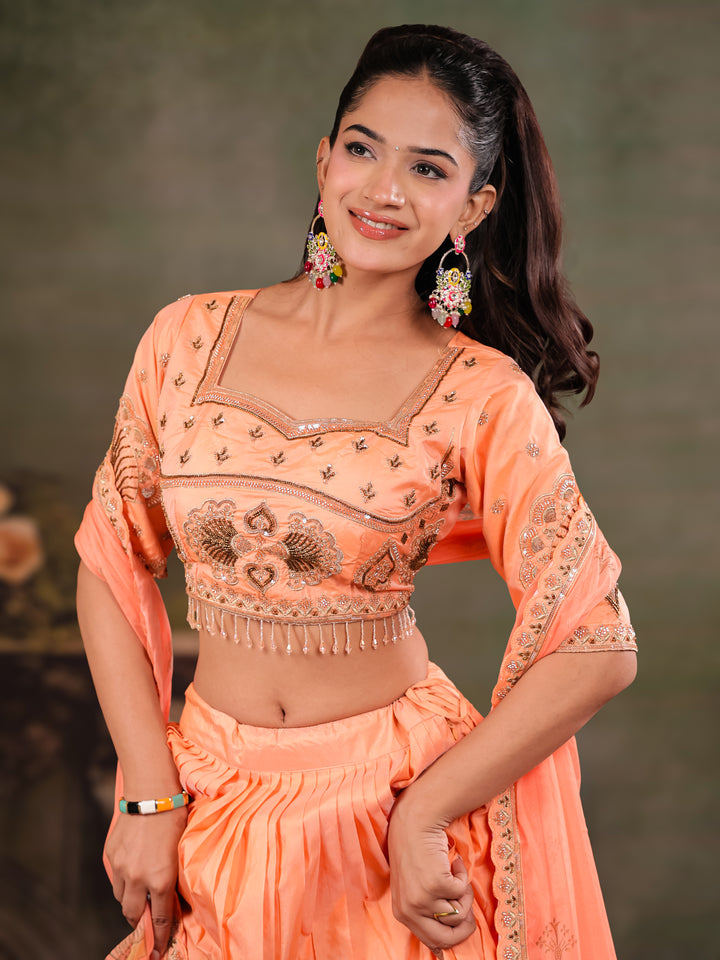 Peach Orange Embroidered Lehenga Set with Designer Blouse & Matching Dupatta