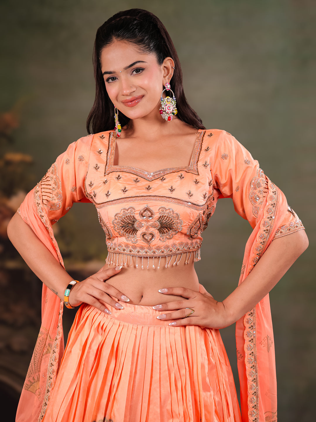 Peach Orange Embroidered Lehenga Set with Designer Blouse & Matching Dupatta