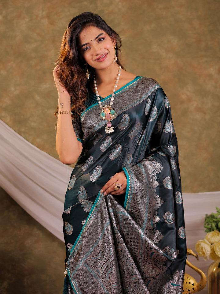 Dark Teal Green Kanjivaram Banarasi Satin Silk Saree with Intricate Silver Zari Weaving, Royal Heritage Pallu & Tassel Detailing