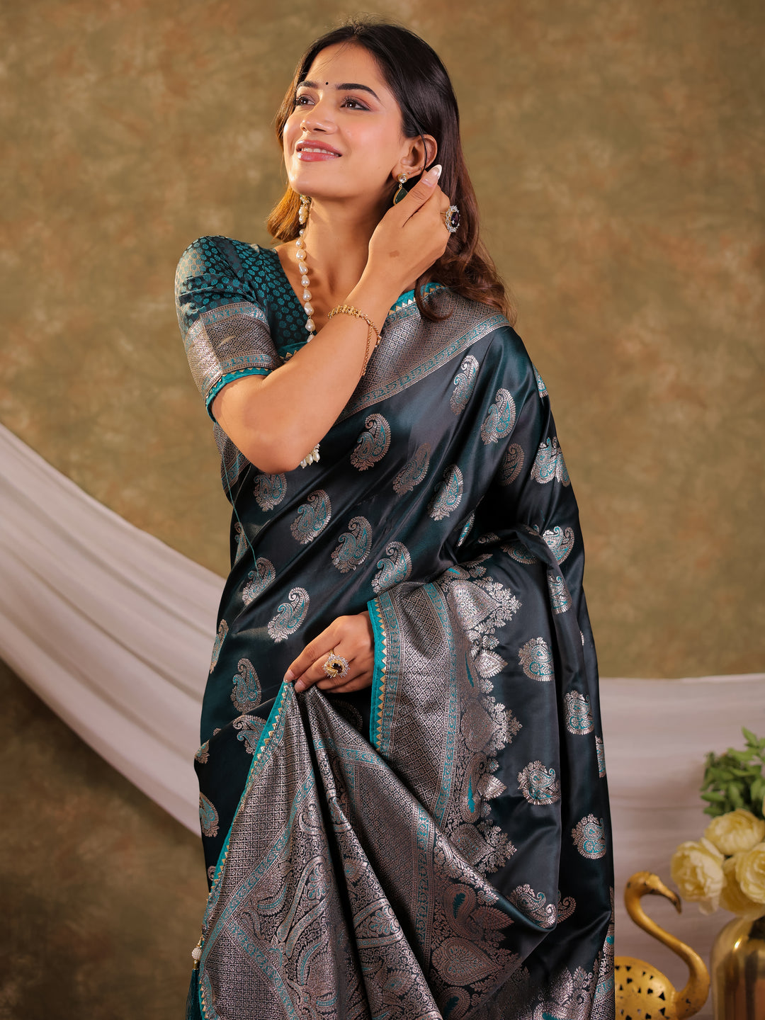 Dark Teal Green Kanjivaram Banarasi Satin Silk Saree with Intricate Silver Zari Weaving, Royal Heritage Pallu & Tassel Detailing