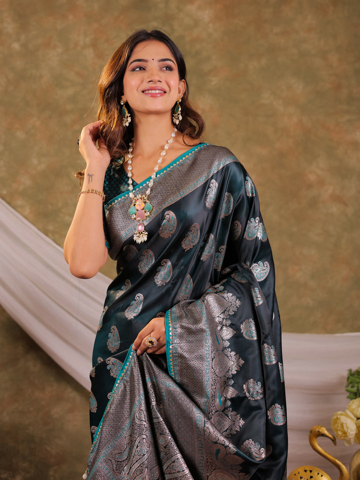 Dark Teal Green Kanjivaram Banarasi Satin Silk Saree with Intricate Silver Zari Weaving, Royal Heritage Pallu & Tassel Detailing