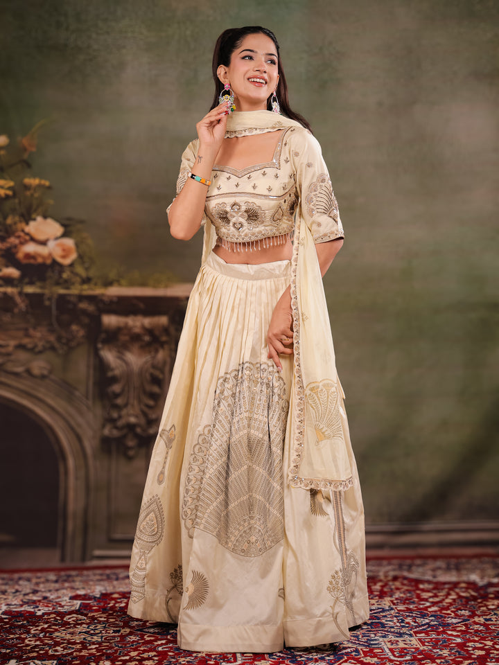Ivory Cream Embroidered Lehenga Set with Designer Blouse & Matching Dupatta