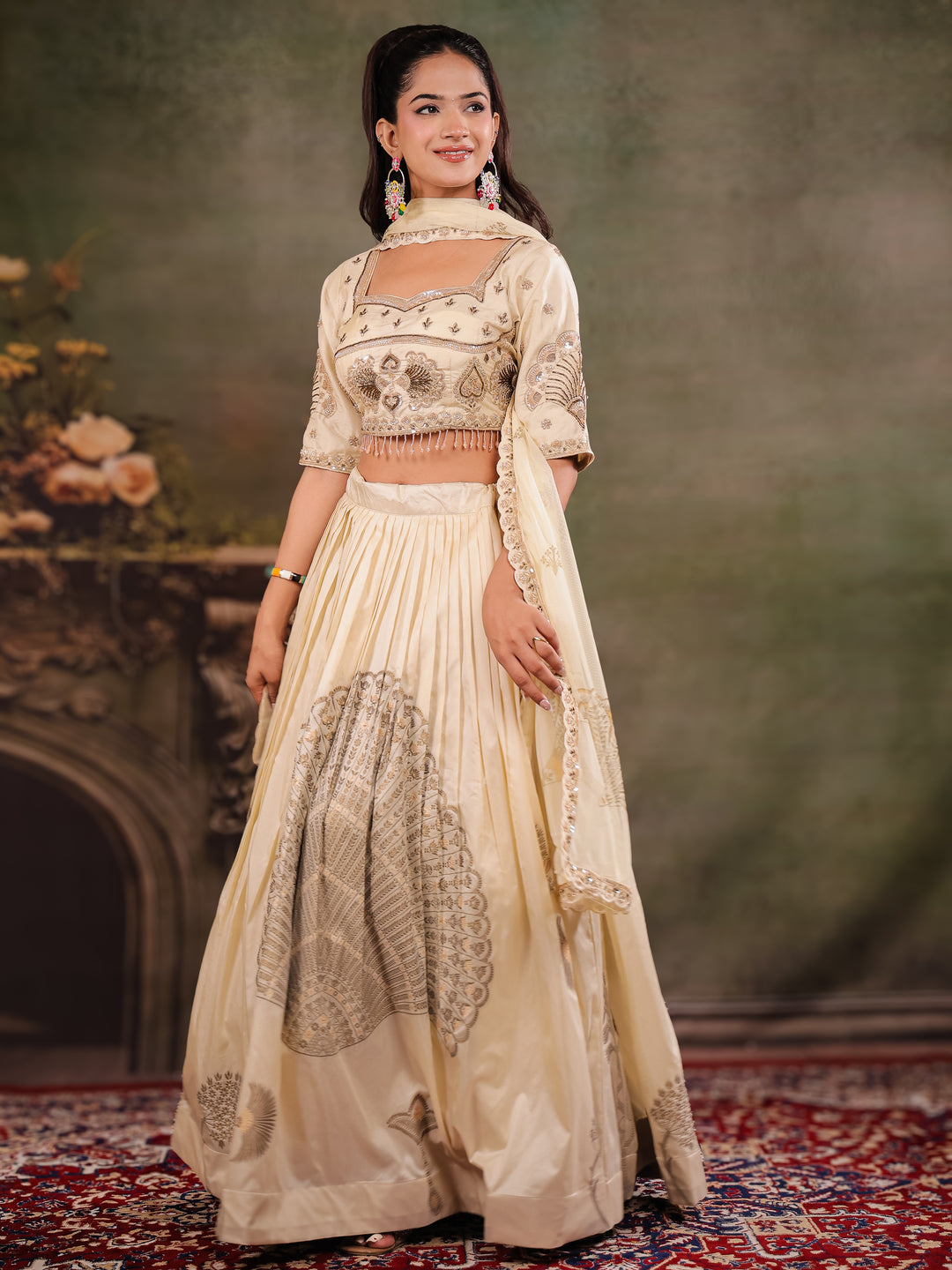 Ivory Cream Embroidered Lehenga Set with Designer Blouse & Matching Dupatta