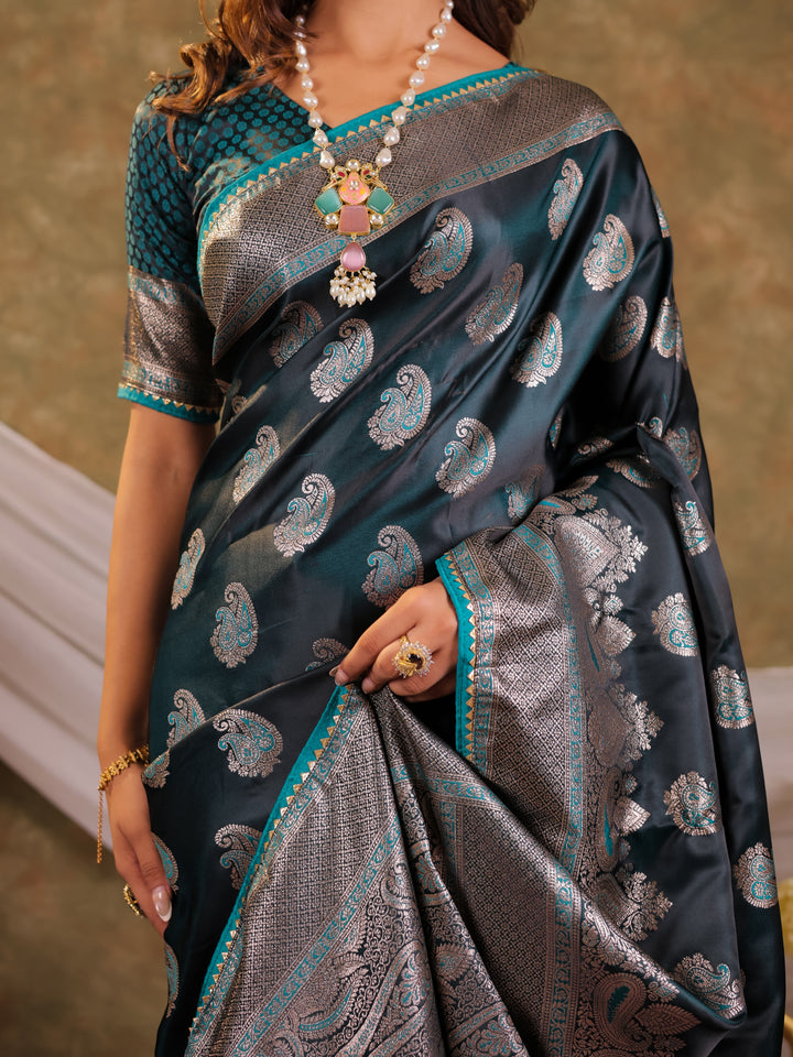 Dark Teal Green Kanjivaram Banarasi Satin Silk Saree with Intricate Silver Zari Weaving, Royal Heritage Pallu & Tassel Detailing