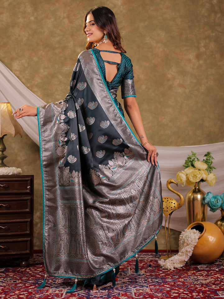 Dark Teal Green Kanjivaram Banarasi Satin Silk Saree with Intricate Silver Zari Weaving, Royal Heritage Pallu & Tassel Detailing