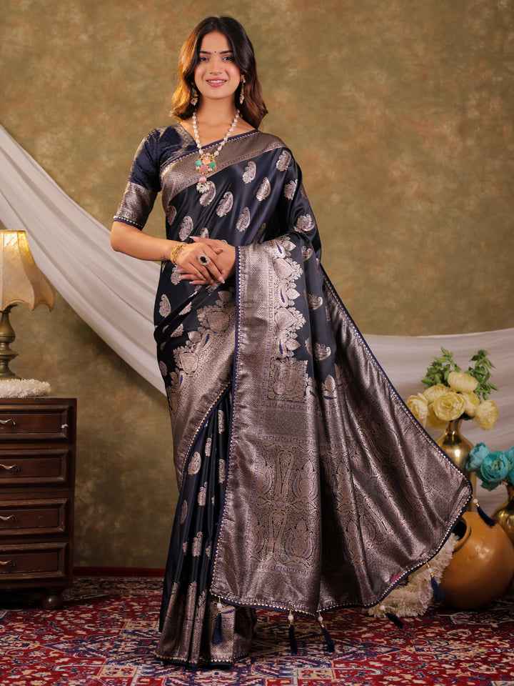 Dark Navy Blue Kanjivaram Banarasi Satin Silk Saree with Intricate Silver Zari Weaving, Royal Heritage Pallu & Tassel Detailing