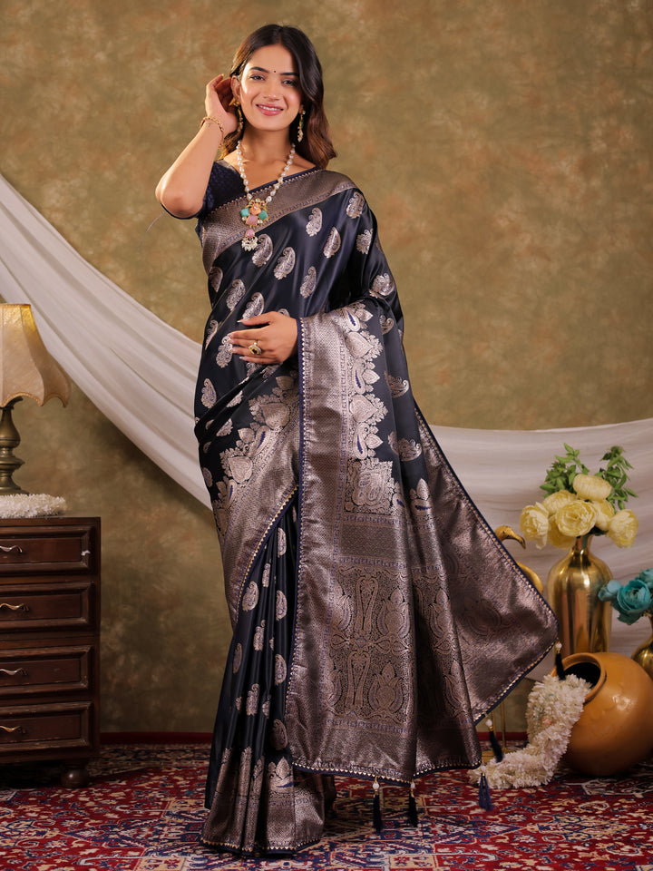 Dark Navy Blue Kanjivaram Banarasi Satin Silk Saree with Intricate Silver Zari Weaving, Royal Heritage Pallu & Tassel Detailing
