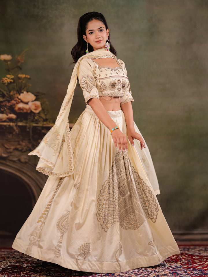 Ivory Cream Embroidered Lehenga Set with Designer Blouse & Matching Dupatta