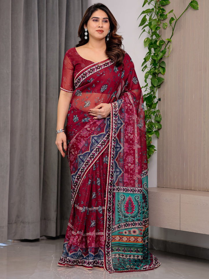 Wine Red Designer Printed Organza Saree with Multicolor Ethnic Paisley Border | Lightweight Floral Printed Party Wear Saree with Attached Blouse Piece | Festive & Wedding Wear Saree