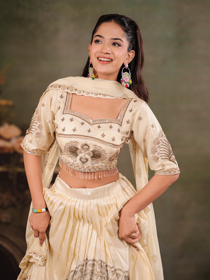 Ivory Cream Embroidered Lehenga Set with Designer Blouse & Matching Dupatta