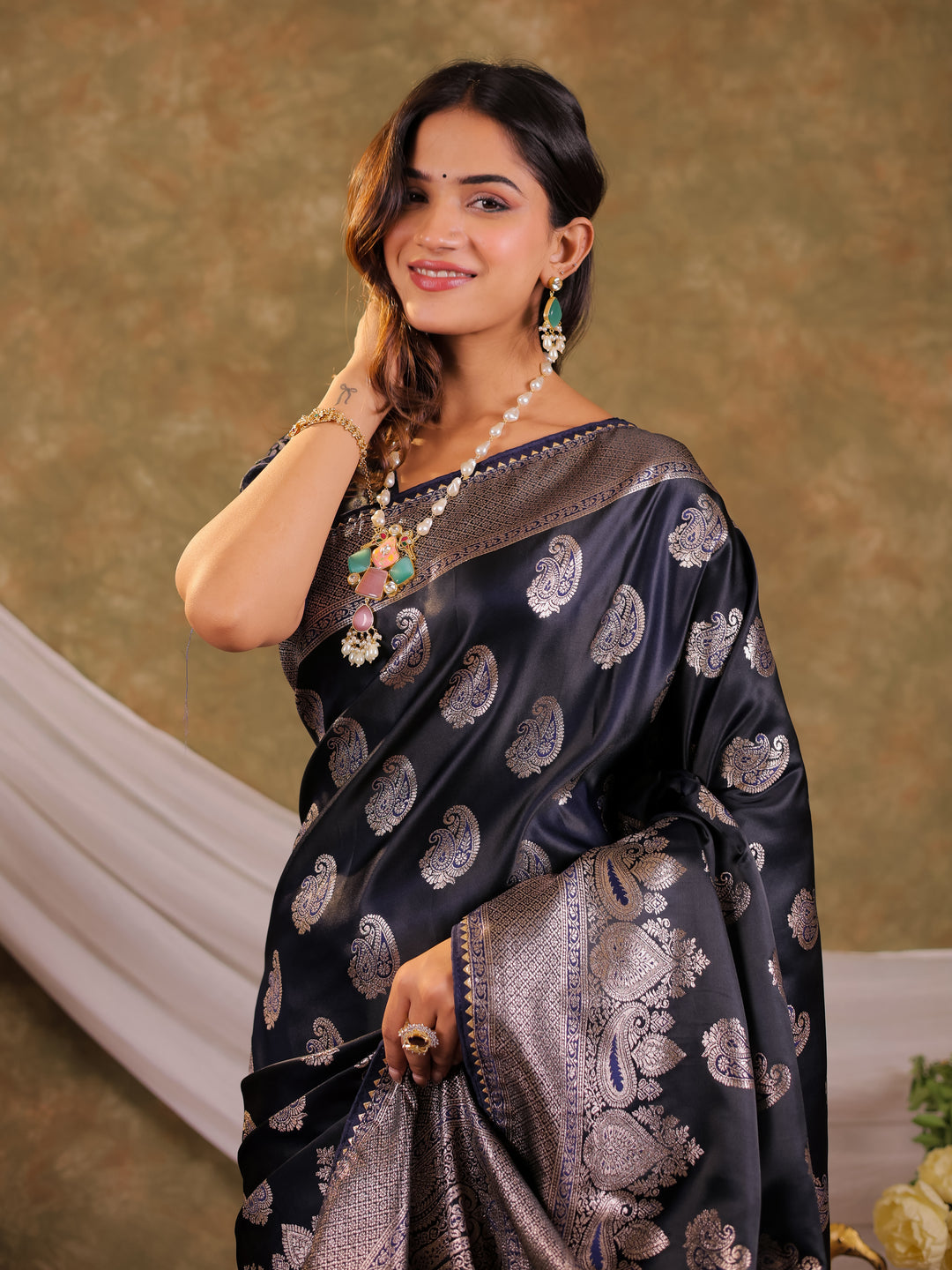 Dark Navy Blue Kanjivaram Banarasi Satin Silk Saree with Intricate Silver Zari Weaving, Royal Heritage Pallu & Tassel Detailing