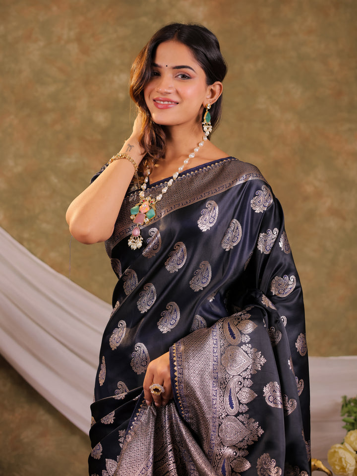 Dark Navy Blue Kanjivaram Banarasi Satin Silk Saree with Intricate Silver Zari Weaving, Royal Heritage Pallu & Tassel Detailing