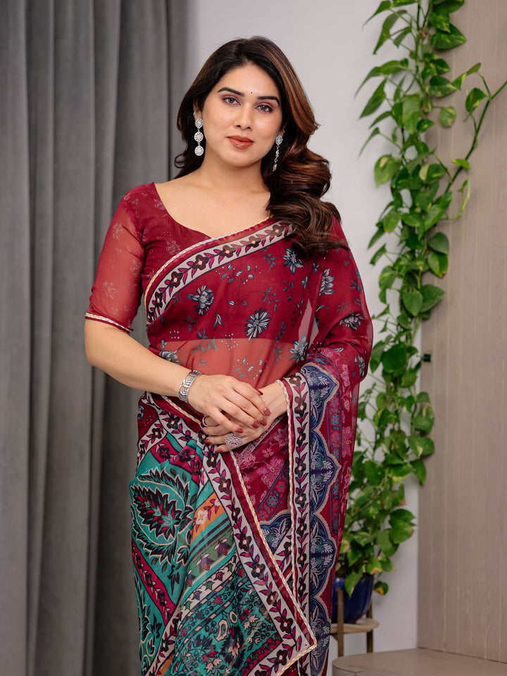 Wine Red Designer Printed Organza Saree with Multicolor Ethnic Paisley Border | Lightweight Floral Printed Party Wear Saree with Attached Blouse Piece | Festive & Wedding Wear Saree