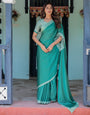 Emerald Green Satin Georgette Designer Saree with Striped Mandala Detail & Mint Textured Blouse | Handsfree Pallu Loop