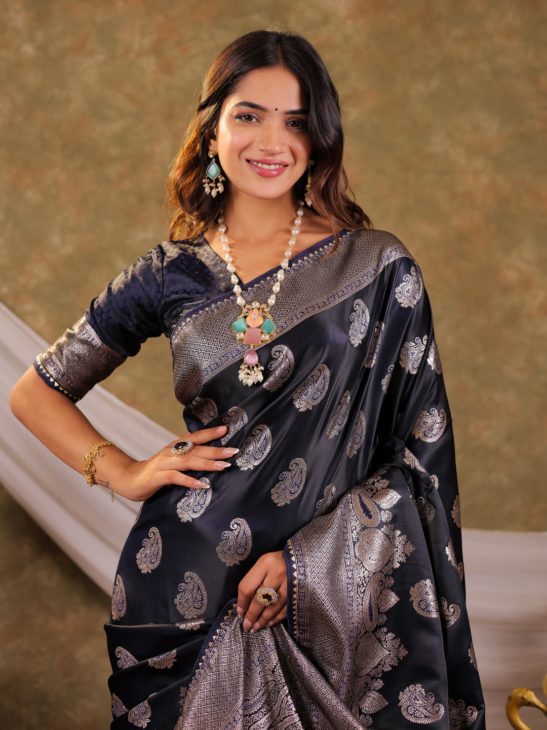 Dark Navy Blue Kanjivaram Banarasi Satin Silk Saree with Intricate Silver Zari Weaving, Royal Heritage Pallu & Tassel Detailing