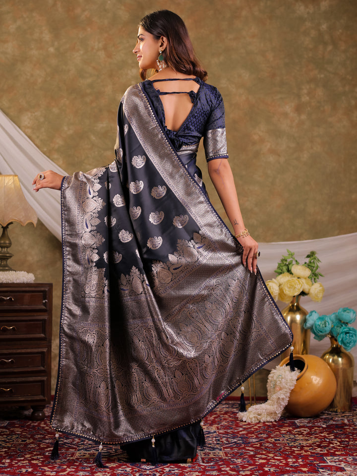 Dark Navy Blue Kanjivaram Banarasi Satin Silk Saree with Intricate Silver Zari Weaving, Royal Heritage Pallu & Tassel Detailing