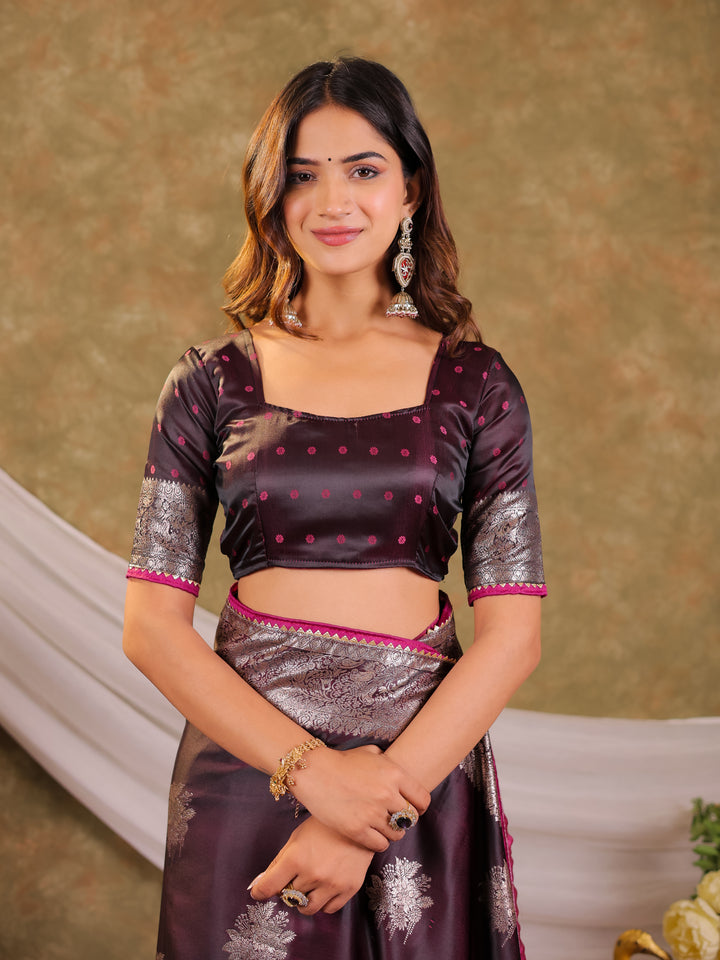 Wine Purple Kanjivaram Banarasi Satin Silk Saree with Silver Zari Weaving, Heritage Pallu & Tassel Detailing