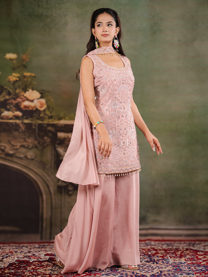 Blush Pink Embroidered Kurta Set with Wide-Leg Palazzo & Matching Dupatta