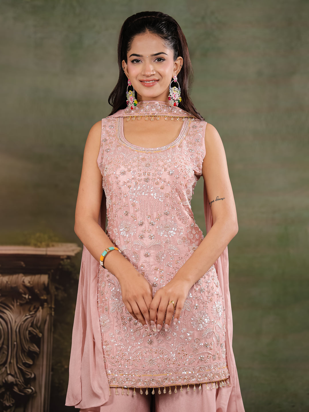 Blush Pink Embroidered Kurta Set with Wide-Leg Palazzo & Matching Dupatta