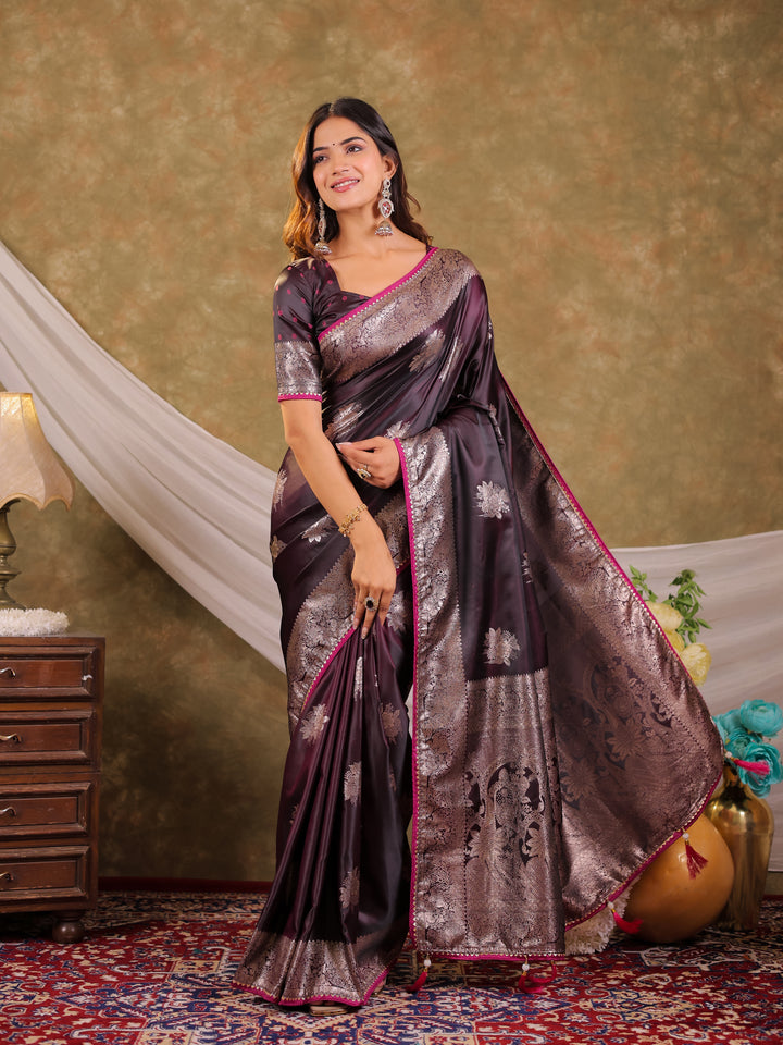 Wine Purple Kanjivaram Banarasi Satin Silk Saree with Silver Zari Weaving, Heritage Pallu & Tassel Detailing